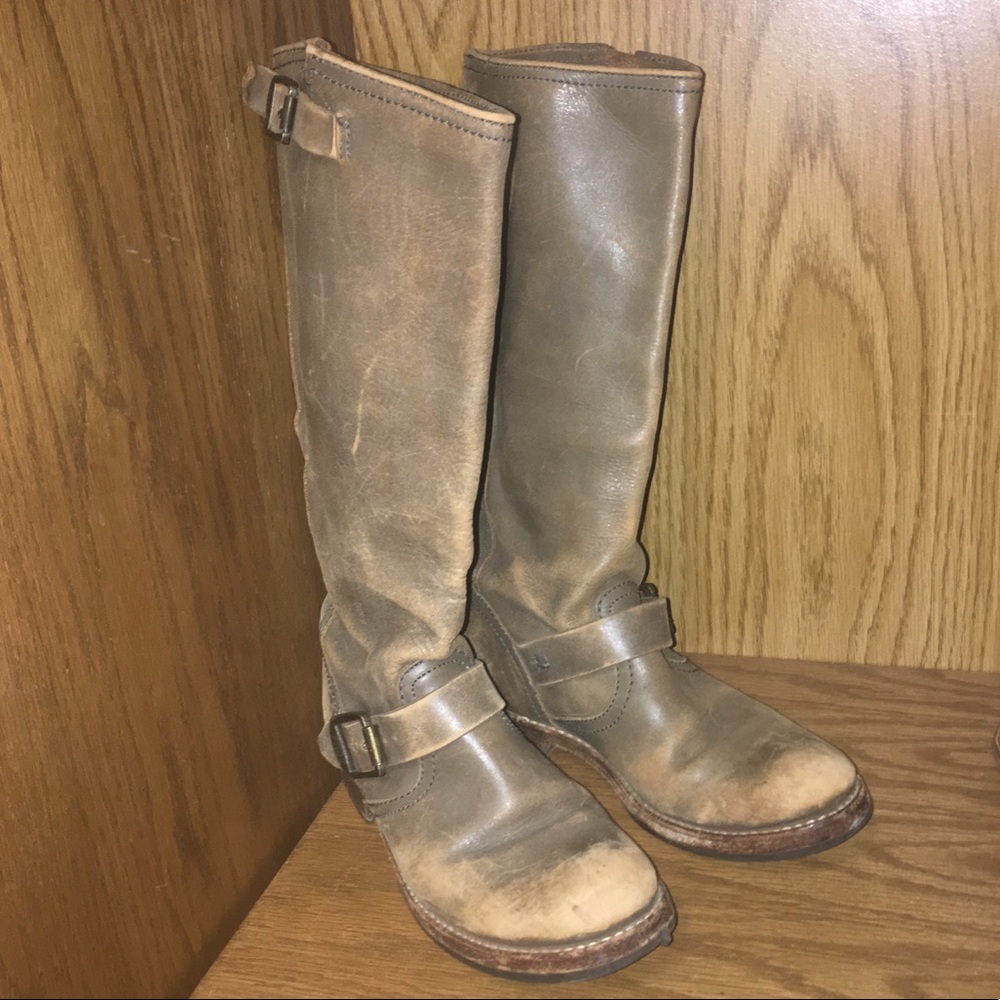 Light Brown leather Frye riding boots with buckle